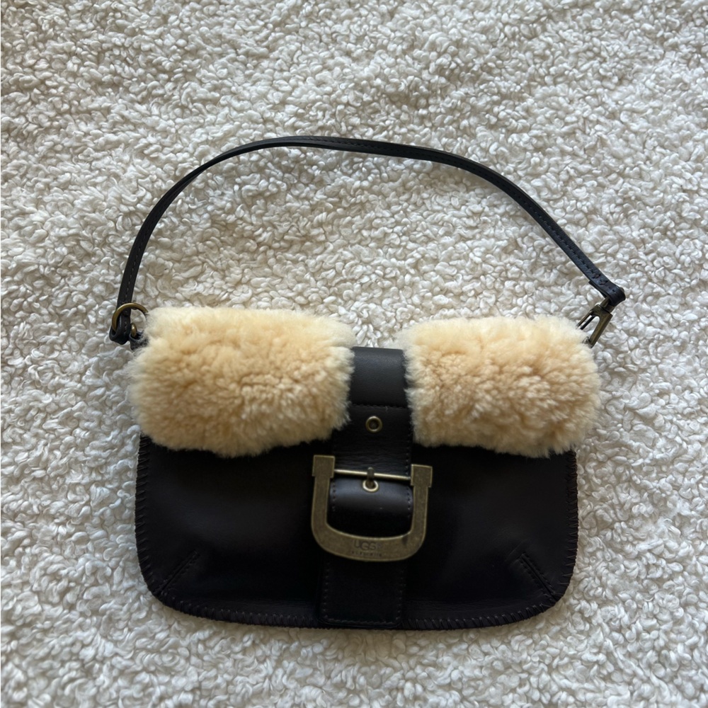 Leather Shearling Accent Clutch Wristlet - Black - Picture 2 of 6